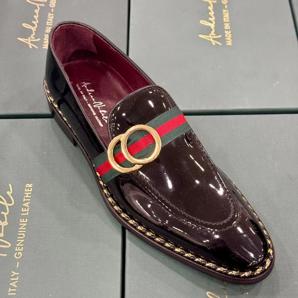 Black all leather patent wet look slip on with gold rings made in Italy. - Picture 3 of 5